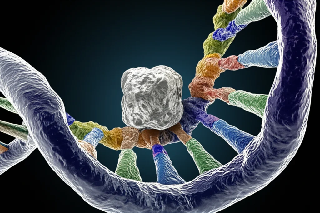 Immagine concettuale della spettroscopia RMN che analizza l'interazione tra ioni argento (sfere grigie lucide) e una doppia elica di B-DNA (struttura a nastri colorati). La visualizzazione molecolare è dettagliata, focalizzata su uno ione argento che si inserisce tra una coppia di basi Guanina-Citosina vicino a un'estremità dell'elica. Stile fotorealistico, resa con lente macro 90mm virtuale, illuminazione drammatica laterale che crea ombre profonde ed evidenzia il sito di legame, sfondo scuro e astratto.