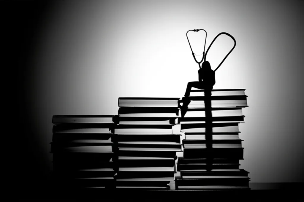 Immagine fotorealistica che simboleggia il burnout negli studenti di medicina: una figura stilizzata o una silhouette seduta sotto il peso di libri o simboli medici, illuminazione drammatica, obiettivo 35mm, bianco e nero con forte contrasto.