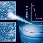 Immagine fotorealistica di un campione di nanocomposito Cd0.40Mn0.60ZnO2 su un portacampioni da laboratorio, illuminato da un fascio di luce che ne evidenzia la struttura nanocristallina. Sullo sfondo, grafici stilizzati che mostrano le variazioni delle proprietà ottiche e dielettriche con la temperatura. Obiettivo prime 35mm, profondità di campo, toni duotone blu scientifico e arancione energetico.