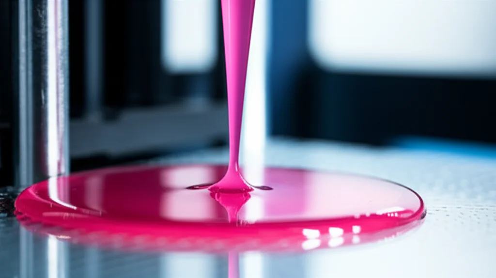 Immagine fotorealistica di un sistema di stampa 3D DIW (Direct Ink Write) in azione, che estrude una resina termoindurente. Si vede chiaramente il fronte di polimerizzazione che avanza, evidenziato da un cambio di colore del materiale da scuro a rosa brillante grazie a coloranti termocromici. Macro lens, 105mm, high detail, precise focusing, controlled lighting, per mostrare la precisione del processo.