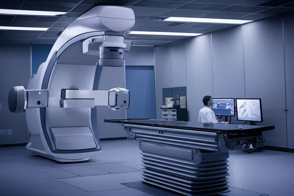 Immagine fotorealistica di una moderna sala di radioterapia. Al centro, un acceleratore lineare con il gantry in posizione, illuminato da una luce clinica soffusa. In secondo piano, appena visibile, un tecnico medico che osserva un monitor con piani di trattamento. Lens: Prime, 24mm. Dettagli: Profondità di campo, estetica pulita e sterile, duotone (blu freddo e grigio).