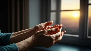 Immagine fotorealistica simbolica: una mano anziana che tiene delicatamente una più giovane all'interno di una casa, con una finestra che mostra un esterno incerto (metà sole, metà nuvole), rappresentando il supporto e le sfide delle cure di fine vita a domicilio durante la pandemia. Obiettivo prime 50mm, profondità di campo media per mantenere a fuoco sia le mani che parte dell'ambiente, luce naturale morbida dalla finestra.