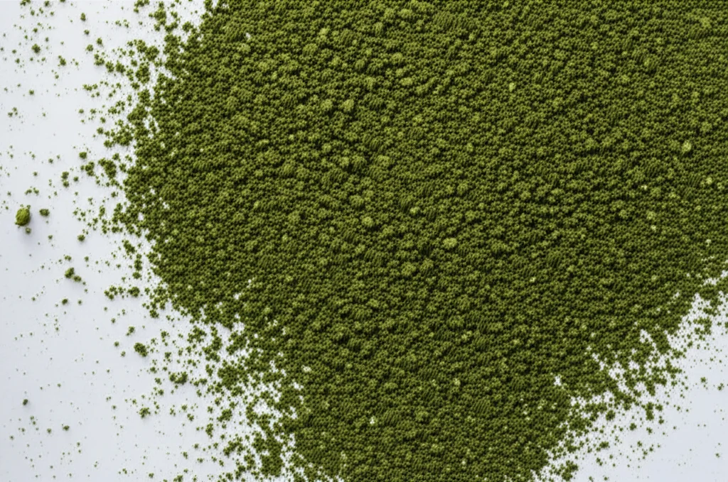 Immagine macro di polvere di buccia d'avocado finemente macinata su una superficie bianca pulita, illuminata da una luce da laboratorio controllata. Obiettivo macro 100mm, messa a fuoco precisa sulle particelle, alta definizione dei dettagli della texture.