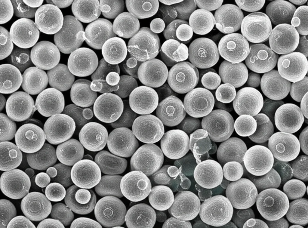 Immagine macro fotorealistica di un aggregato di microsfere polimeriche di due tipi diversi, alcune emettono una debole fosforescenza bluastra mentre altre sono opache. Le sfere sono in stretto contatto, suggerendo attrazione elettrostatica. Illuminazione da studio controllata per evidenziare texture e luminescenza, obiettivo macro 90mm, alta definizione, sfondo scuro e pulito.