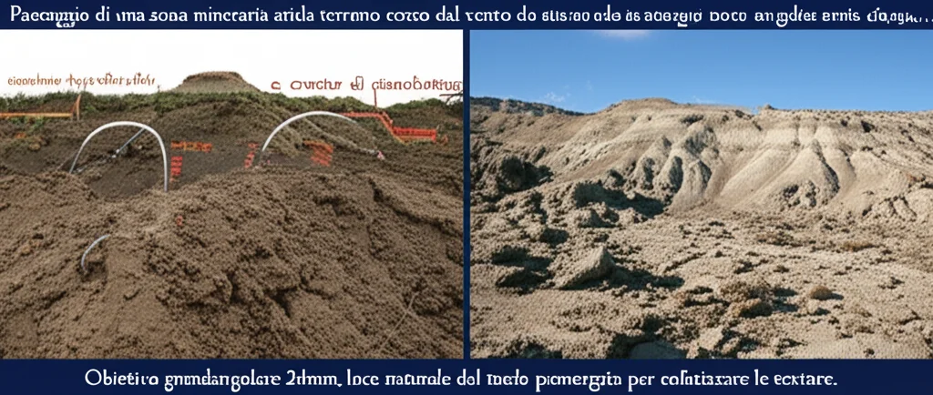 Paesaggio di una zona mineraria arida con terreno eroso dal vento e segnato da cicli di gelo-disgelo. In primo piano, un campione di suolo migliorato con biochar e croste di cianobatteri che mostra una maggiore stabilità. Obiettivo grandangolare 24mm, luce naturale del tardo pomeriggio per enfatizzare le texture.