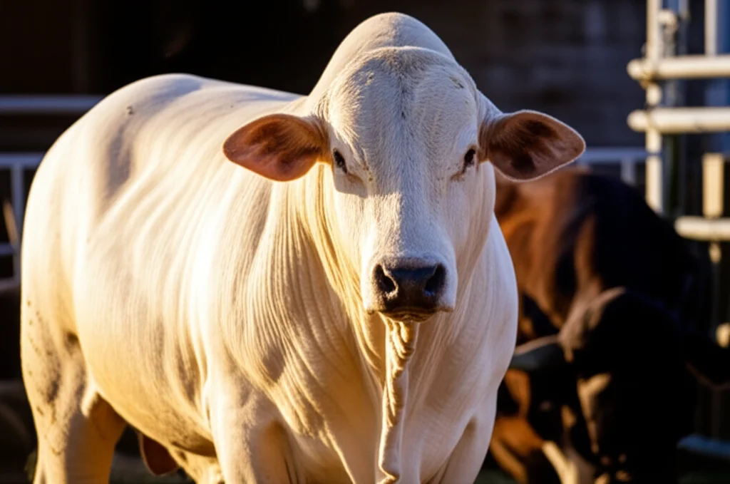 Ritratto ravvicinato di un bovino da carne incrocio Brahman sano che guarda verso la fotocamera, obiettivo prime 35mm, profondità di campo ridotta che sfoca lo sfondo della stalla, luce naturale mattutina che ne illumina il mantello chiaro.