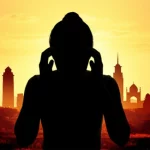 Un'immagine concettuale che rappresenta il peso del mal di testa sulla popolazione di Delhi: una silhouette di una persona che si tiene la testa, con lo skyline di Delhi stilizzato e affollato sullo sfondo. Colori caldi e intensi come arancione e rosso per il cielo al tramonto, che riflettono la sofferenza. Obiettivo zoom 24-70mm, effetto leggermente drammatico con contrasto accentuato, profondità di campo per mantenere a fuoco sia la silhouette che lo skyline.