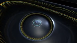 Visualizzazione astratta di una varietà matematica complessa con un bordo definito, su cui agiscono operatori pseudo-differenziali globali, evidenziando concetti di espansione di tracce e tracciabilità di Dixmier. Wide-angle, 18mm, sharp focus, illuminazione drammatica che enfatizza la tridimensionalità e il bordo.