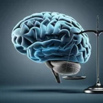 Visualizzazione concettuale di un cervello umano stilizzato con un ingranaggio che simboleggia un impatto meccanico su un lato e una bilancia che indica il peso corporeo sull'altro. Sfondo astratto con tonalità blu scuro e grigio duotone, illuminazione drammatica che evidenzia il cervello, profondità di campo per sfocare leggermente lo sfondo.