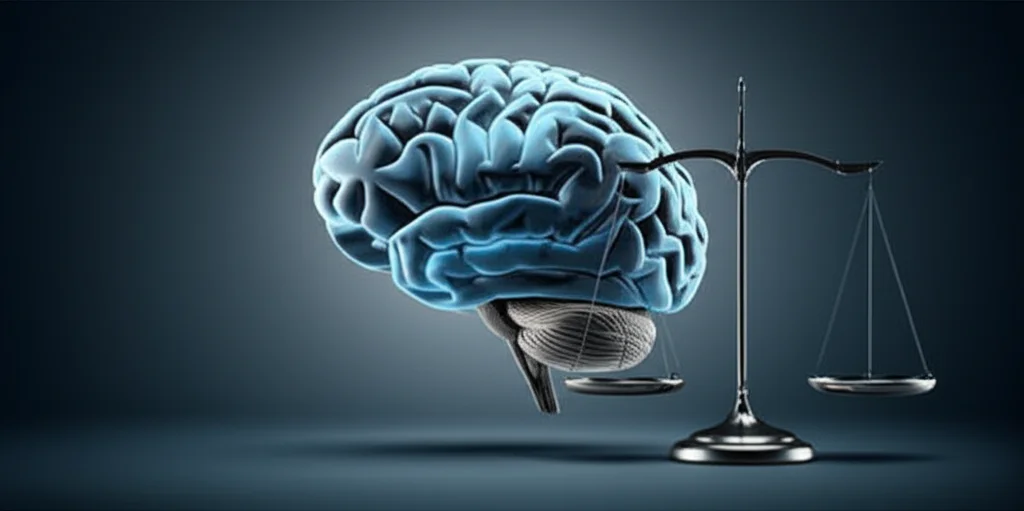 Visualizzazione concettuale di un cervello umano stilizzato con un ingranaggio che simboleggia un impatto meccanico su un lato e una bilancia che indica il peso corporeo sull'altro. Sfondo astratto con tonalità blu scuro e grigio duotone, illuminazione drammatica che evidenzia il cervello, profondità di campo per sfocare leggermente lo sfondo.