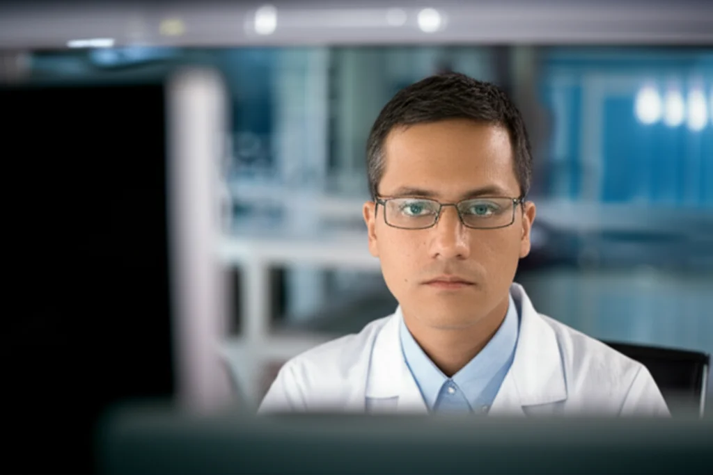 A thoughtful veterinary researcher examining data on a computer screen in a lab, 35mm portrait, depth of field, controlled lighting.