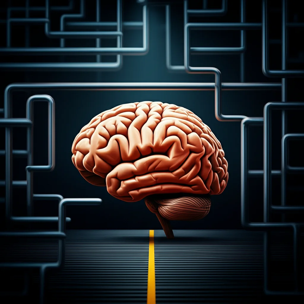 Illustrazione concettuale di un cervello che sceglie un percorso semplice e diretto invece di uno complesso, simboleggiando la preferenza per l'esame di oggetti facili durante la ricerca interattiva. Prime lens, 35mm, depth of field, colori contrastanti.