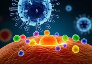 Immagine concettuale fotorealistica che mostra un adenovirus oncolitico (struttura virale dettagliata, obiettivo macro 100mm, alta definizione) che attacca una cellula tumorale (membrana cellulare visibile, con dettagli interni sfocati), con cellule immunitarie (linfociti T, riconoscibili dalla forma, colori vivaci) che si attivano nelle vicinanze. Sfondo scuro con luci soffuse per evidenziare l'interazione. Profondità di campo per mettere a fuoco il virus e la cellula tumorale, illuminazione controllata.