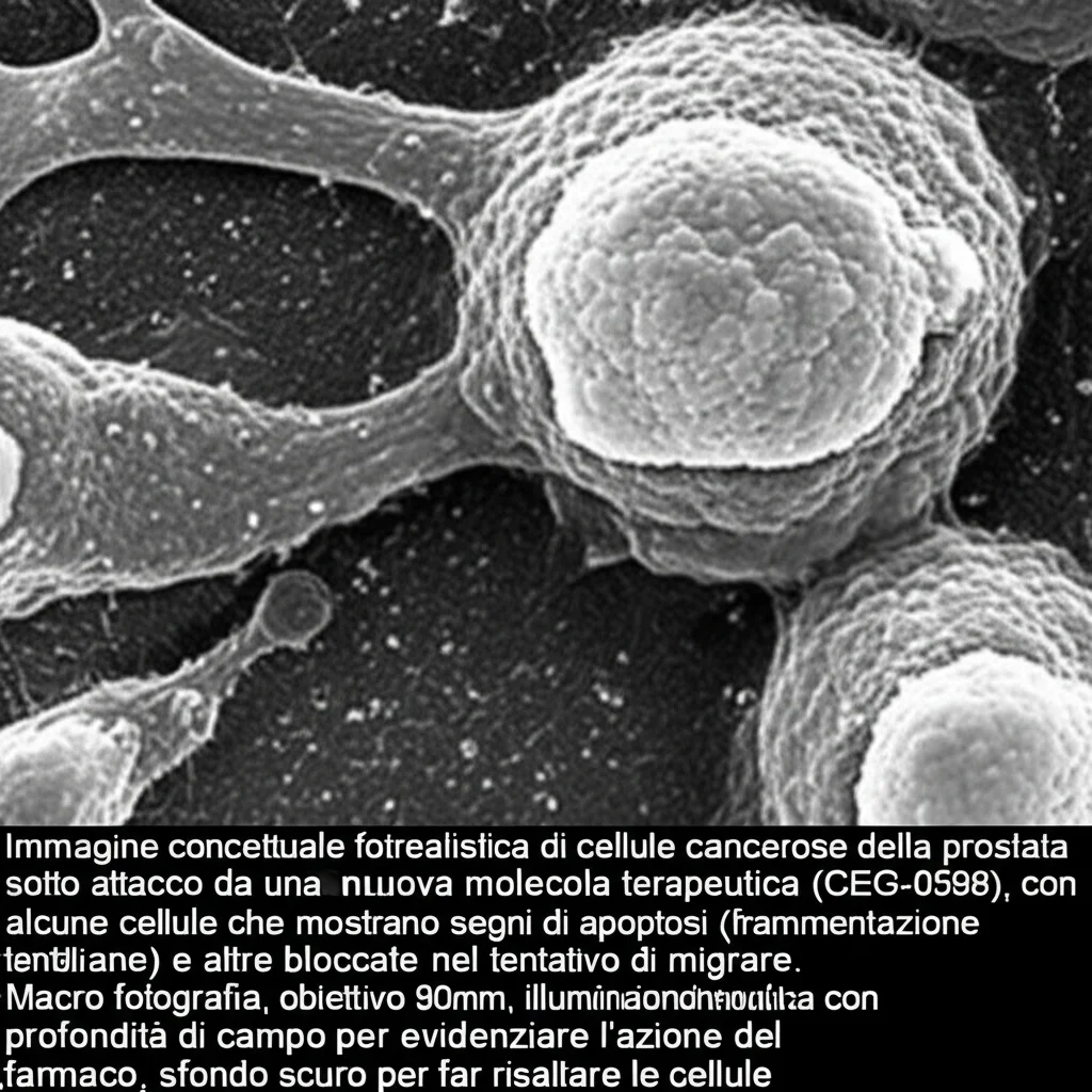 Immagine concettuale fotorealistica di cellule cancerose della prostata sotto attacco da una nuova molecola terapeutica (CEG-0598), con alcune cellule che mostrano segni di apoptosi (frammentazione) e altre bloccate nel tentativo di migrare. Macro fotografia, obiettivo 90mm, illuminazione drammatica con profondità di campo per evidenziare l'azione del farmaco, sfondo scuro per far risaltare le cellule.