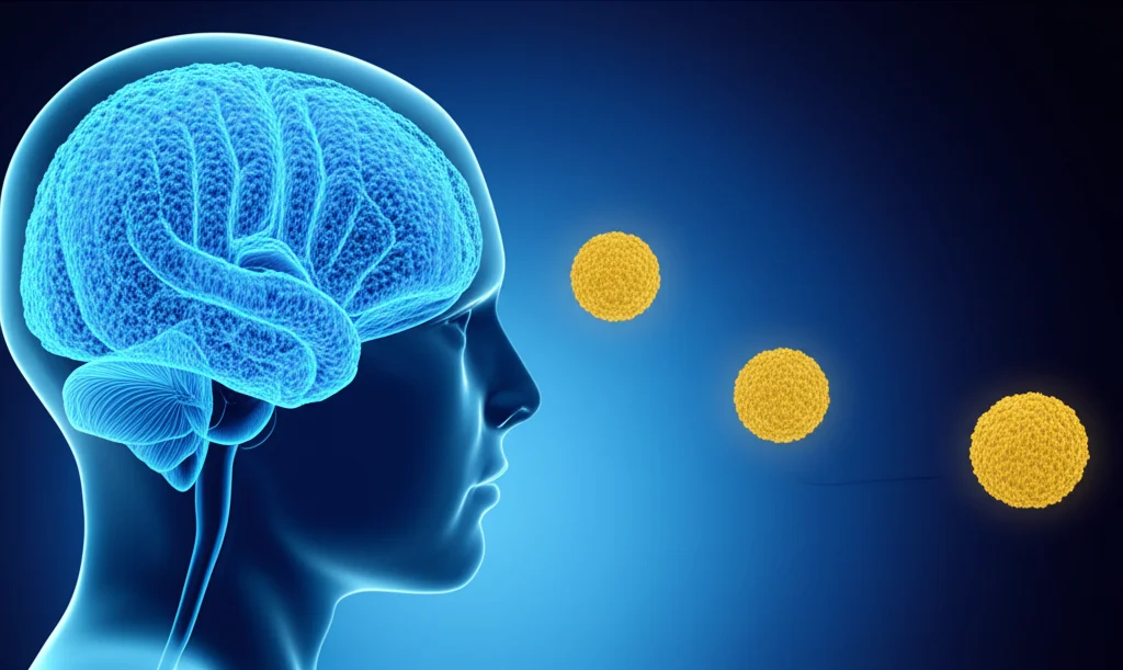 Immagine concettuale fotorealistica di un cervello umano con evidenziate le cellule microgliali luminose e i canali ionici Kv1.3 sulla loro superficie. Una molecola di Clorpromazina stilizzata si avvicina a un canale. Profondità di campo, obiettivo 35mm, duotone blu scuro e giallo brillante per un effetto scientifico ma accattivante, mettendo in risalto l'interazione.