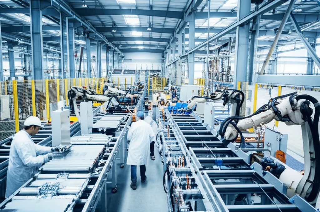 Immagine fotorealistica di un moderno impianto di riciclaggio di batterie per veicoli elettrici, con nastri trasportatori, bracci robotici che smistano componenti e tecnici in camice bianco che supervisionano il processo. Luce brillante e pulita, obiettivo grandangolare 20mm per mostrare l'ampiezza dell'impianto, dettagli nitidi sulle macchine e sulle batterie.
