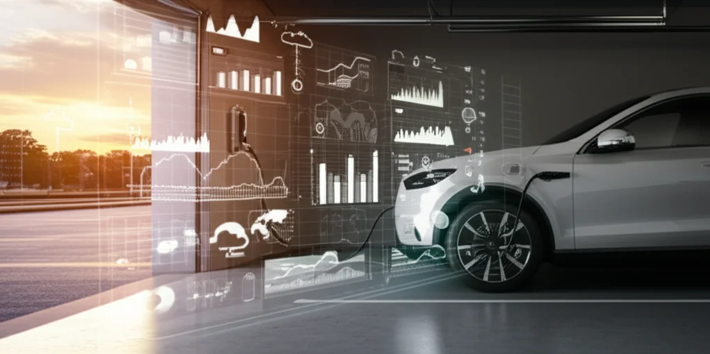 Immagine fotorealistica di un'auto elettrica moderna collegata a una stazione di ricarica domestica in un garage al tramonto. Sullo sfondo, grafici digitali fluttuanti mostrano dati di traffico e meteo. Obiettivo 35mm, profondità di campo, tonalità calde.