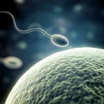 Macro photograph of a bovine sperm cell actively binding to the surface of a larger, luminous oocyte, 100mm Macro lens, high detail, precise focusing, with subtle, controlled backlighting to highlight the interaction, capturing the critical moment of sperm-egg binding.