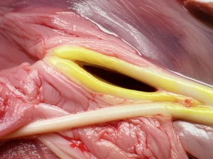 Primo piano dettagliato di un cuore canino aperto durante un esame post-mortem, con focus sulle corde tendinee della valvola mitrale che mostrano segni evidenti di degenerazione mixomatosa (ispessimento, colore giallastro); luce da studio controllata, obiettivo macro 90mm, alta definizione per evidenziare la texture alterata delle corde rispetto a quelle sane, profondità di campo ridotta per isolare il soggetto.