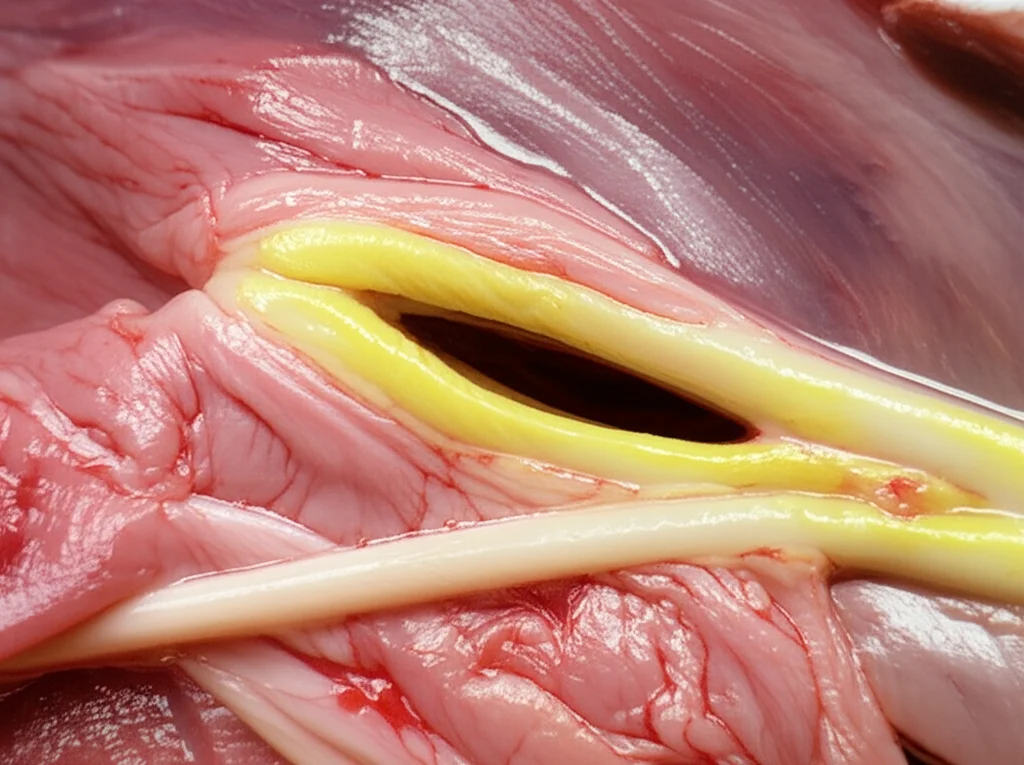 Primo piano dettagliato di un cuore canino aperto durante un esame post-mortem, con focus sulle corde tendinee della valvola mitrale che mostrano segni evidenti di degenerazione mixomatosa (ispessimento, colore giallastro); luce da studio controllata, obiettivo macro 90mm, alta definizione per evidenziare la texture alterata delle corde rispetto a quelle sane, profondità di campo ridotta per isolare il soggetto.