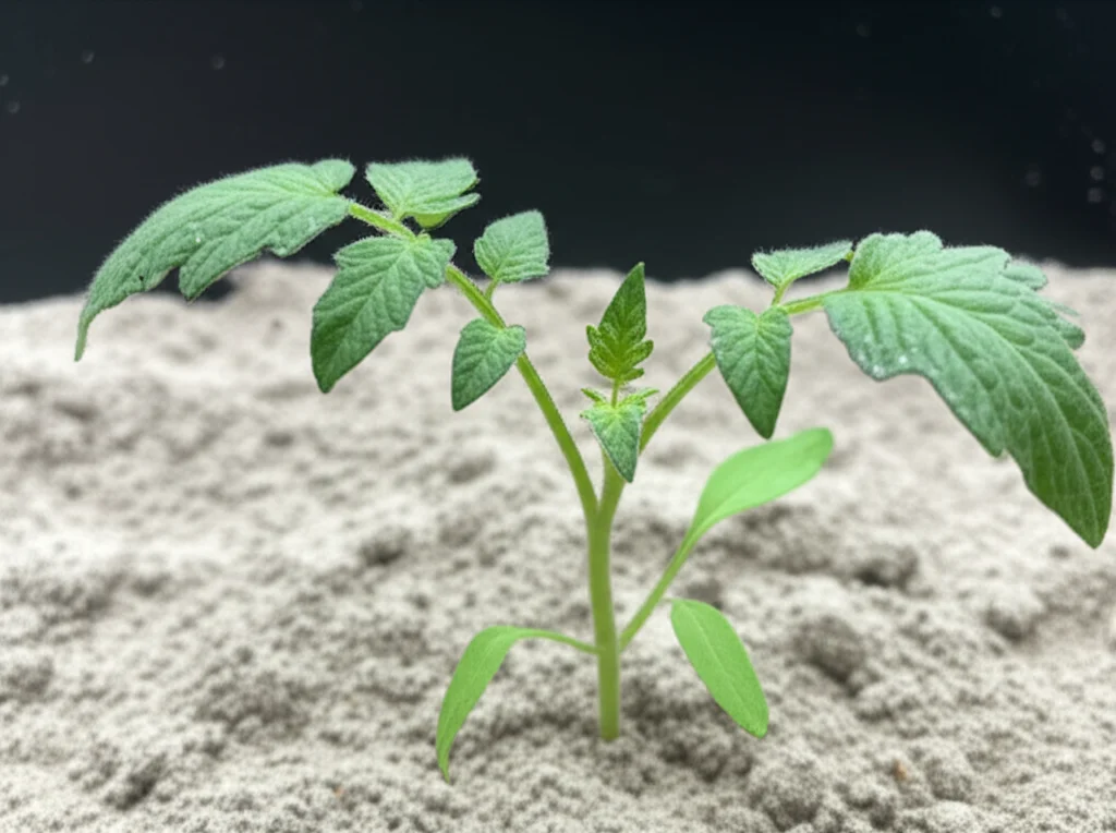 Primo piano macro di una piantina di pomodoro sana e verde che cresce vigorosamente in un terreno leggermente cristallizzato dal sale, simbolo della resistenza allo stress salino ottenuta grazie al trattamento con dopamina nanoincapsulata ODBAC/SL-EZD. Obiettivo macro 105mm, alta definizione, messa a fuoco precisa sulla pianta, illuminazione controllata che enfatizza la salute della pianta e la sfida del suolo salino.