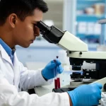 Ricercatore in un laboratorio amazzonico che analizza campioni di sangue per la malaria, con microscopio e provette in primo piano, illuminazione da laboratorio controllata, obiettivo prime 35mm, profondità di campo.