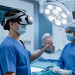 Un chirurgo specializzando indossa un visore per la realtà virtuale e interagisce con un'interfaccia olografica che mostra un'anatomia complessa della testa e del collo. L'ambiente è una sala operatoria futuristica e pulita, con luci chirurgiche brillanti. Obiettivo prime da 35mm, illuminazione da studio cinematografico con leggeri bagliori sulle superfici metalliche, profondità di campo che sfoca leggermente lo sfondo per enfatizzare il chirurgo e il visore VR.