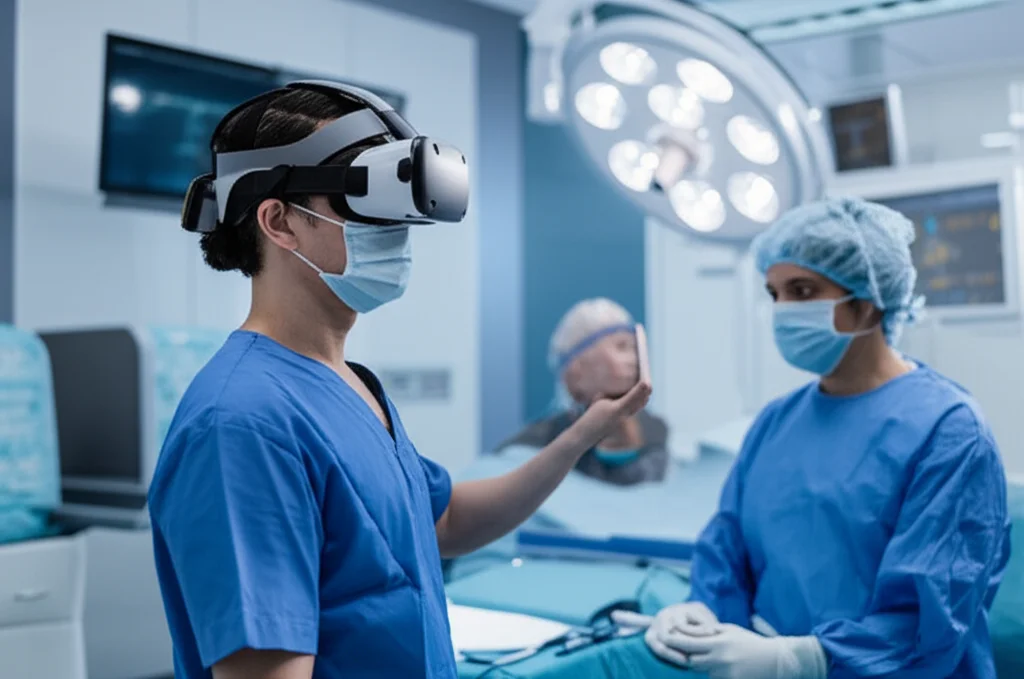 Un chirurgo specializzando indossa un visore per la realtà virtuale e interagisce con un'interfaccia olografica che mostra un'anatomia complessa della testa e del collo. L'ambiente è una sala operatoria futuristica e pulita, con luci chirurgiche brillanti. Obiettivo prime da 35mm, illuminazione da studio cinematografico con leggeri bagliori sulle superfici metalliche, profondità di campo che sfoca leggermente lo sfondo per enfatizzare il chirurgo e il visore VR.