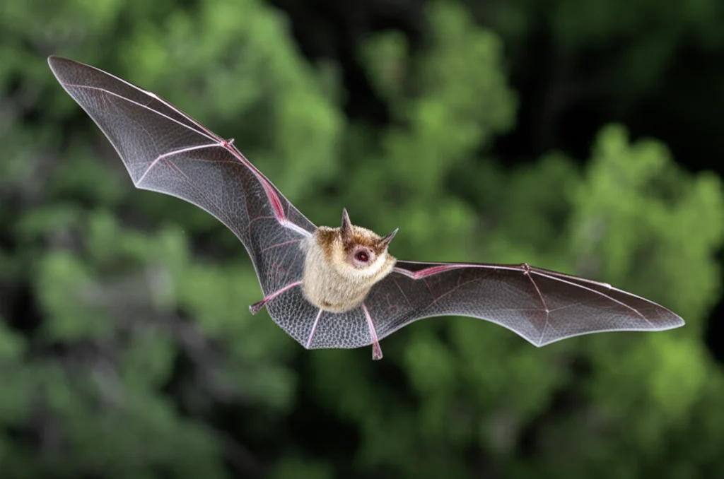 Un pipistrello Myotis lucifugus in volo al crepuscolo sopra una foresta nebbiosa, teleobiettivo 300mm, alta velocità otturatore, tracciamento del movimento, luce soffusa del tramonto, cattura la sua agilità e mistero legato alla sua longevità e resistenza alle malattie.