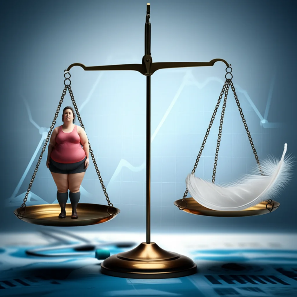 Un'immagine concettuale che illustra il paradosso dell'obesità: una bilancia medica stilizzata, su un piatto una figura umana robusta e sull'altro una piuma che sembra avere più peso, il tutto su uno sfondo medico astratto con grafici di sopravvivenza. Macro lens, 100mm, high detail, precise focusing, controlled lighting per enfatizzare il concetto paradossale.