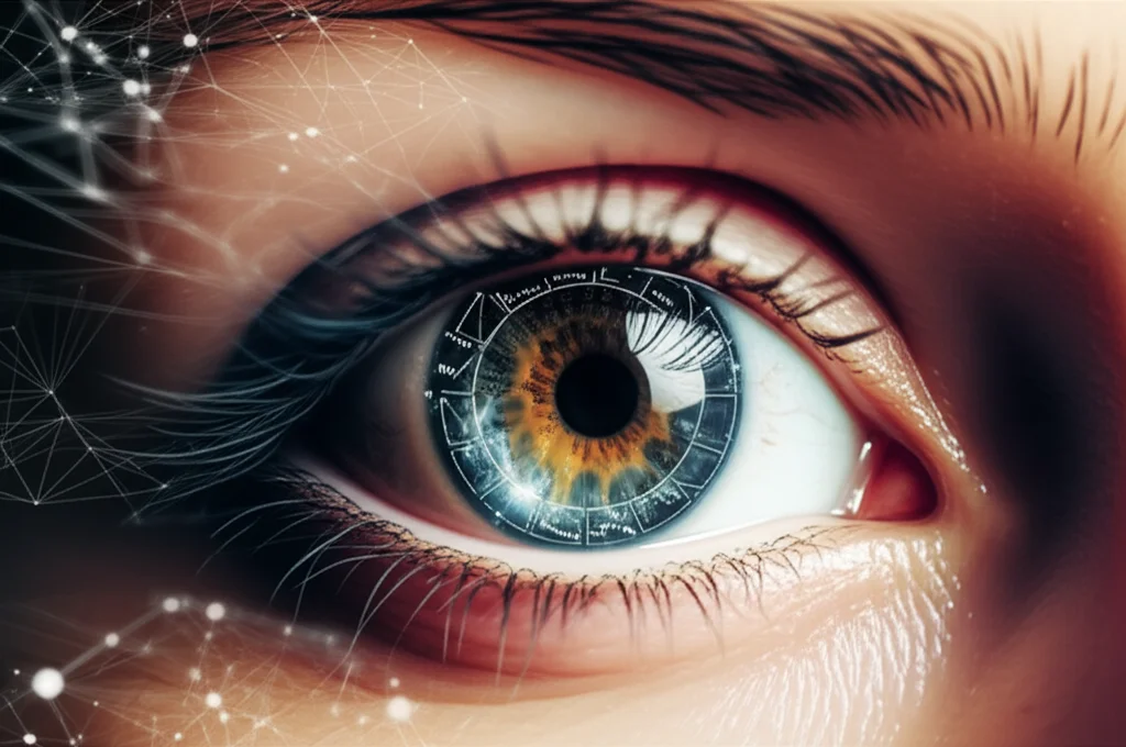 Un'immagine concettuale che mostra un occhio umano dettagliato con un reticolo digitale sovrapposto che ne traccia il movimento, simboleggiando la precisione della stima dello sguardo. Sullo sfondo, elementi grafici astratti rappresentano una rete neurale. Obiettivo prime 50mm, profondità di campo ridotta per focalizzare sull'occhio, illuminazione cinematografica con riflessi high-tech.