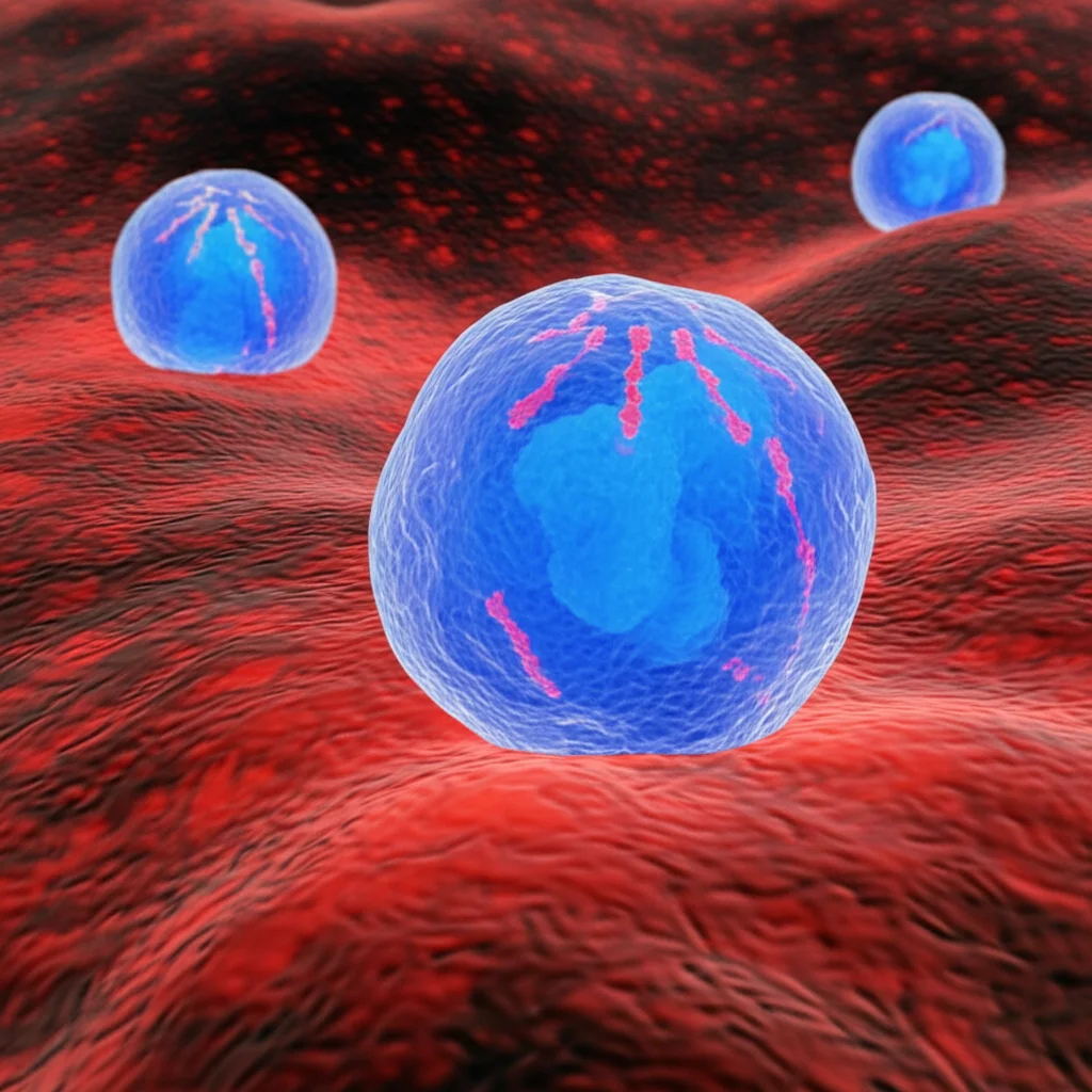 Visualizzazione artistica di cellule CAR-T che attaccano cellule di mieloma multiplo, con un focus high-detail su una cellula CAR-T. Obiettivo macro, 100mm, illuminazione drammatica per enfatizzare la battaglia cellulare, sfondo scuro per far risaltare le cellule.