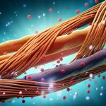 Visualizzazione artistica e fotorealistica di filamenti di actina e miosina che si contraggono, con scintille di ATP che si idrolizzano. Dettaglio macro con obiettivo da 90mm, illuminazione laterale drammatica per enfatizzare la tridimensionalità e la texture delle proteine, sfondo scuro per far risaltare i soggetti.