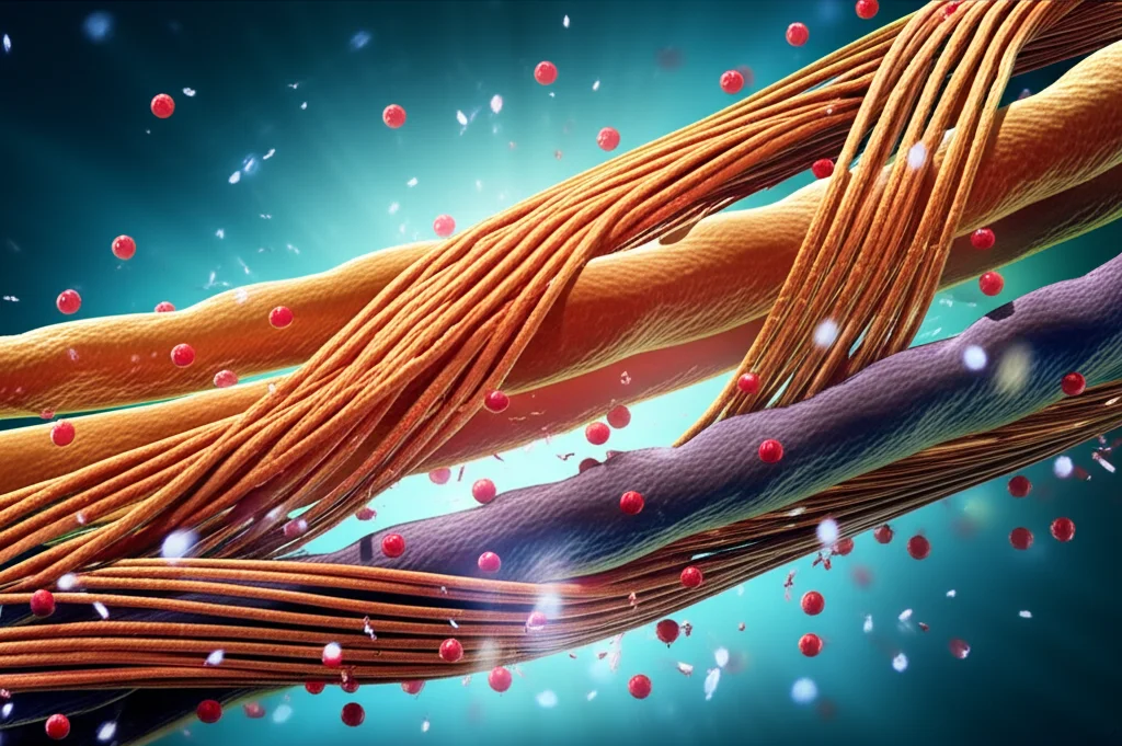 Visualizzazione artistica e fotorealistica di filamenti di actina e miosina che si contraggono, con scintille di ATP che si idrolizzano. Dettaglio macro con obiettivo da 90mm, illuminazione laterale drammatica per enfatizzare la tridimensionalità e la texture delle proteine, sfondo scuro per far risaltare i soggetti.