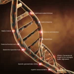 Visualizzazione artistica e fotorealistica di una mappa stilizzata del Medio Oriente sovrapposta a una doppia elica di DNA luminosa, con punti luminosi che indicano le diverse origini dei campioni (Sudan, Giordania, Siria, Qatar, Afghanistan), obiettivo grandangolare 20mm, colori caldi e terrosi, focus nitido sulla struttura del DNA.