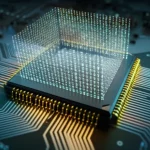 Visualizzazione astratta del concetto di memoria principale in un computer. Un flusso luminoso di dati digitali che entra ed esce da chip di RAM stilizzati, interconnessi con una CPU centrale. Sfondo scuro con pattern di circuiti debolmente illuminati. Macro lens, 60mm, high detail, precise focusing, controlled lighting, per enfatizzare la complessità e l'importanza cruciale della RAM nell'architettura del computer.