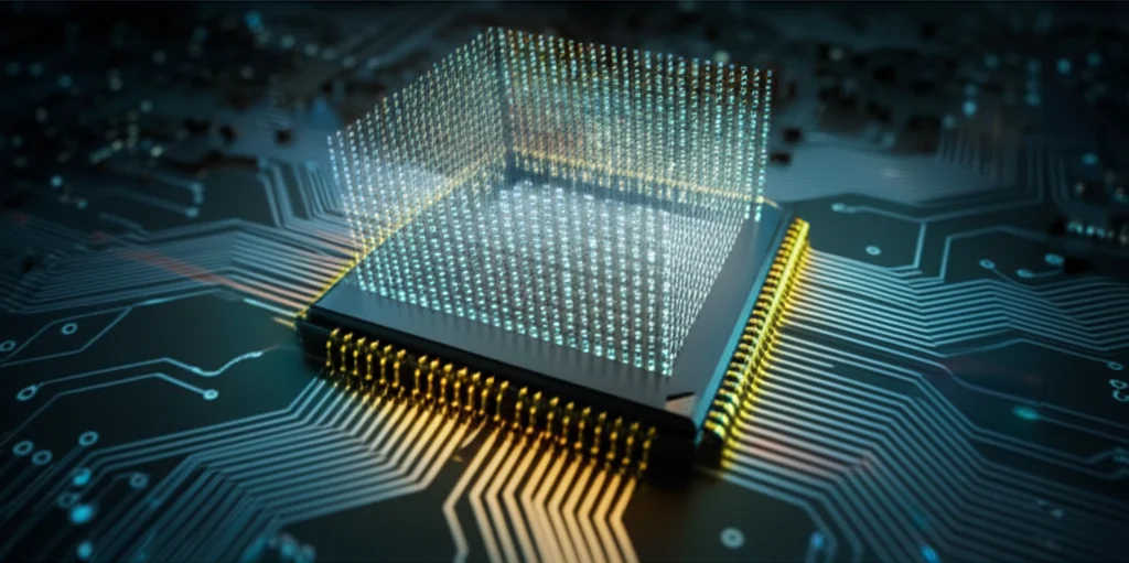 Visualizzazione astratta del concetto di memoria principale in un computer. Un flusso luminoso di dati digitali che entra ed esce da chip di RAM stilizzati, interconnessi con una CPU centrale. Sfondo scuro con pattern di circuiti debolmente illuminati. Macro lens, 60mm, high detail, precise focusing, controlled lighting, per enfatizzare la complessità e l'importanza cruciale della RAM nell'architettura del computer.