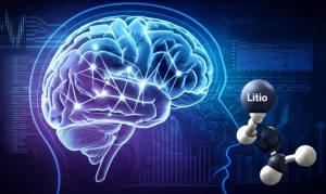 Concetto di medicina personalizzata per il disturbo bipolare: una rappresentazione grafica stilizzata del cervello umano con connessioni neurali luminose sovrapposta a una molecola di litio e a grafici di dati farmacocinetici. Sfondo astratto high-tech, colori blu e viola duotone, profondità di campo.