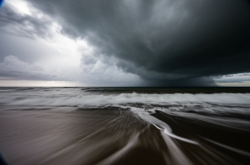 Fotografia paesaggistica drammatica, grandangolo 12mm, una tempesta tropicale che si avvicina alla costa dell'America Centrale con nuvole scure e pioggia battente visibile in lontananza, lunga esposizione per acqua mossa, focus nitido sull'orizzonte.