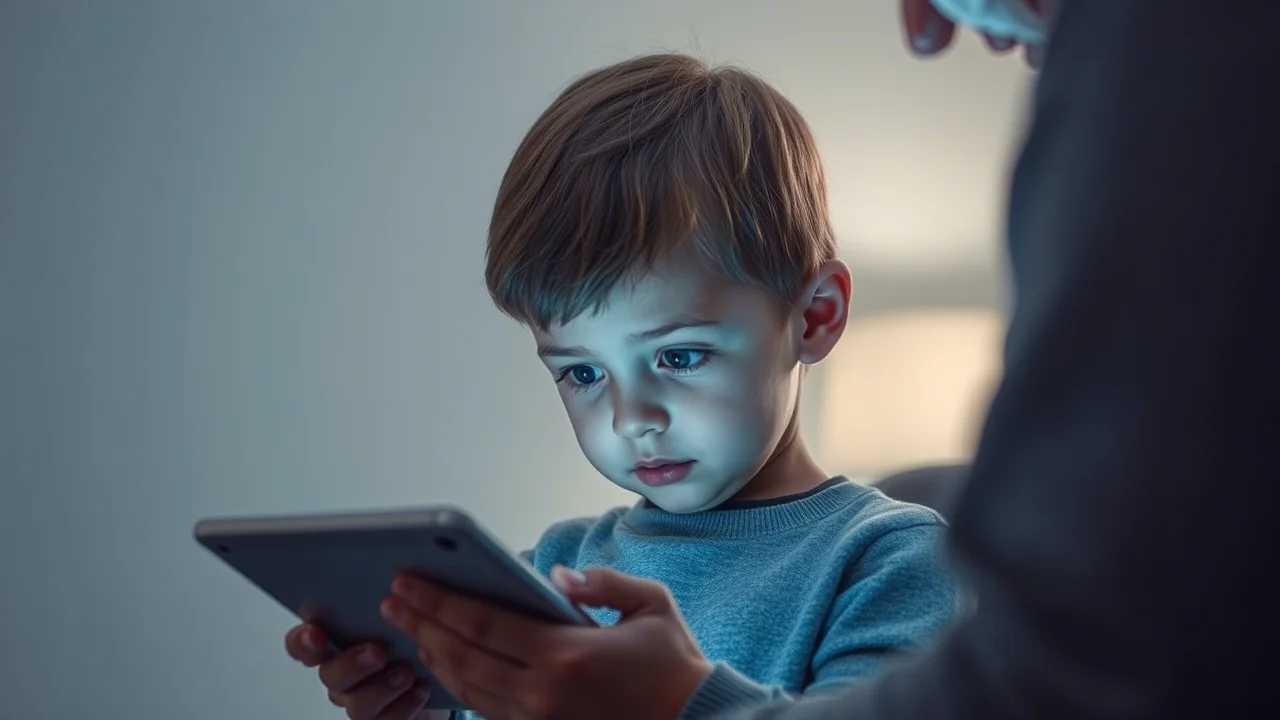 Fotografia realistica, stile ritratto con obiettivo 35mm, di un bambino di 6 anni che guarda incuriosito uno schermo tablet tenuto dalle mani di un adulto fuori campo, luce ambientale morbida, leggero effetto duotone blu e grigio per enfatizzare l'atmosfera digitale.