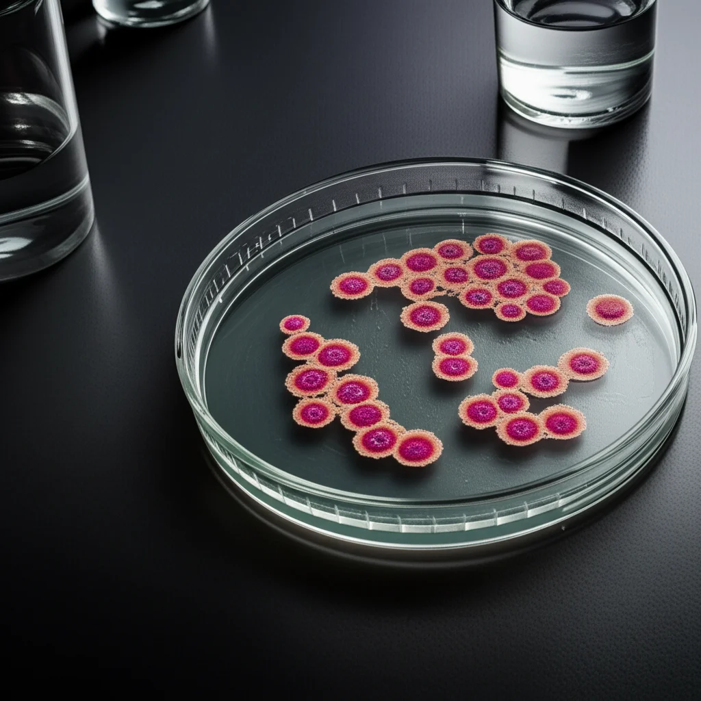 Fotografia still life di flaconi di clorexidina e benzalconio cloruro accanto a una piastra di Petri con colonie batteriche di Klebsiella pneumoniae, obiettivo macro 100mm, illuminazione da studio controllata, alto dettaglio, sfondo scuro per enfatizzare i soggetti.