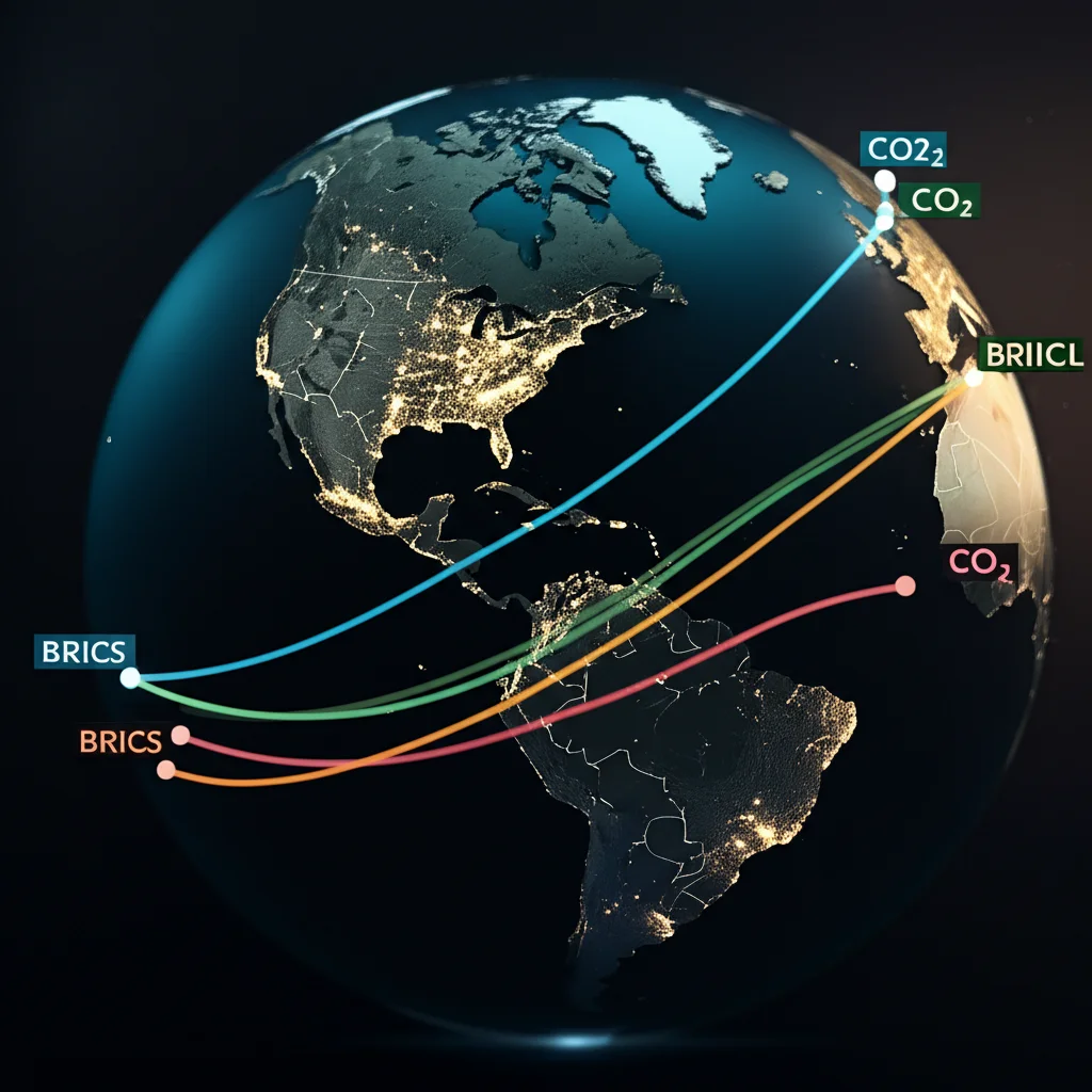 Grafico concettuale che mostra curve di emissioni di CO2 dei paesi BRICS con punti di svolta evidenziati, sovrapposto a un globo terrestre stilizzato. Luci soffuse, colori moderni, alta definizione, obiettivo 50mm, profondità di campo per mettere a fuoco le curve.