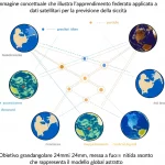 Immagine concettuale che illustra l'apprendimento federato applicato a dati satellitari per la previsione della siccità. Si vedono particelle di dati stilizzate che rimangono in posizioni geografiche separate (simboleggiate da contorni di regioni su una mappa digitale), mentre linee di connessione convergono verso un nodo centrale astratto che rappresenta il modello globale. Obiettivo grandangolare 24mm, messa a fuoco nitida su tutta la scena, colori duotone blu (tecnologia) e ocra (aridità) per un impatto visivo forte.