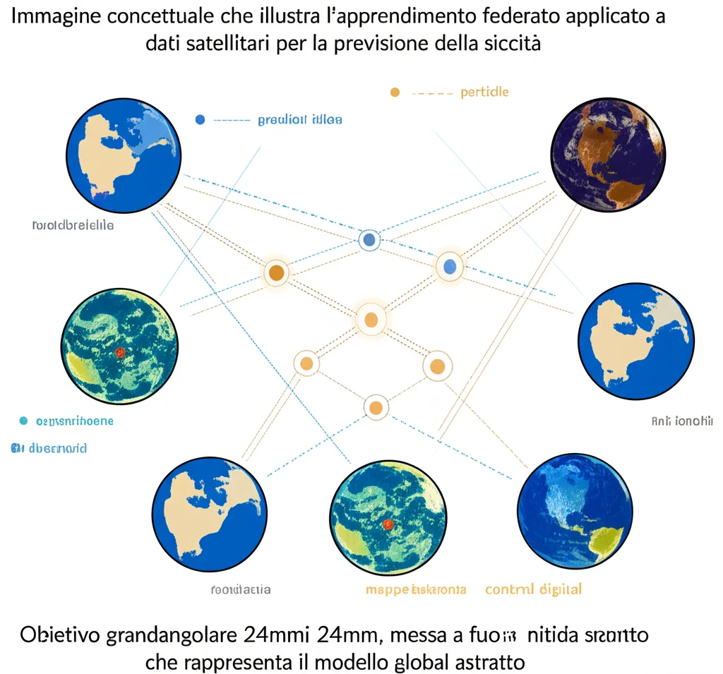 Immagine concettuale che illustra l'apprendimento federato applicato a dati satellitari per la previsione della siccità. Si vedono particelle di dati stilizzate che rimangono in posizioni geografiche separate (simboleggiate da contorni di regioni su una mappa digitale), mentre linee di connessione convergono verso un nodo centrale astratto che rappresenta il modello globale. Obiettivo grandangolare 24mm, messa a fuoco nitida su tutta la scena, colori duotone blu (tecnologia) e ocra (aridità) per un impatto visivo forte.