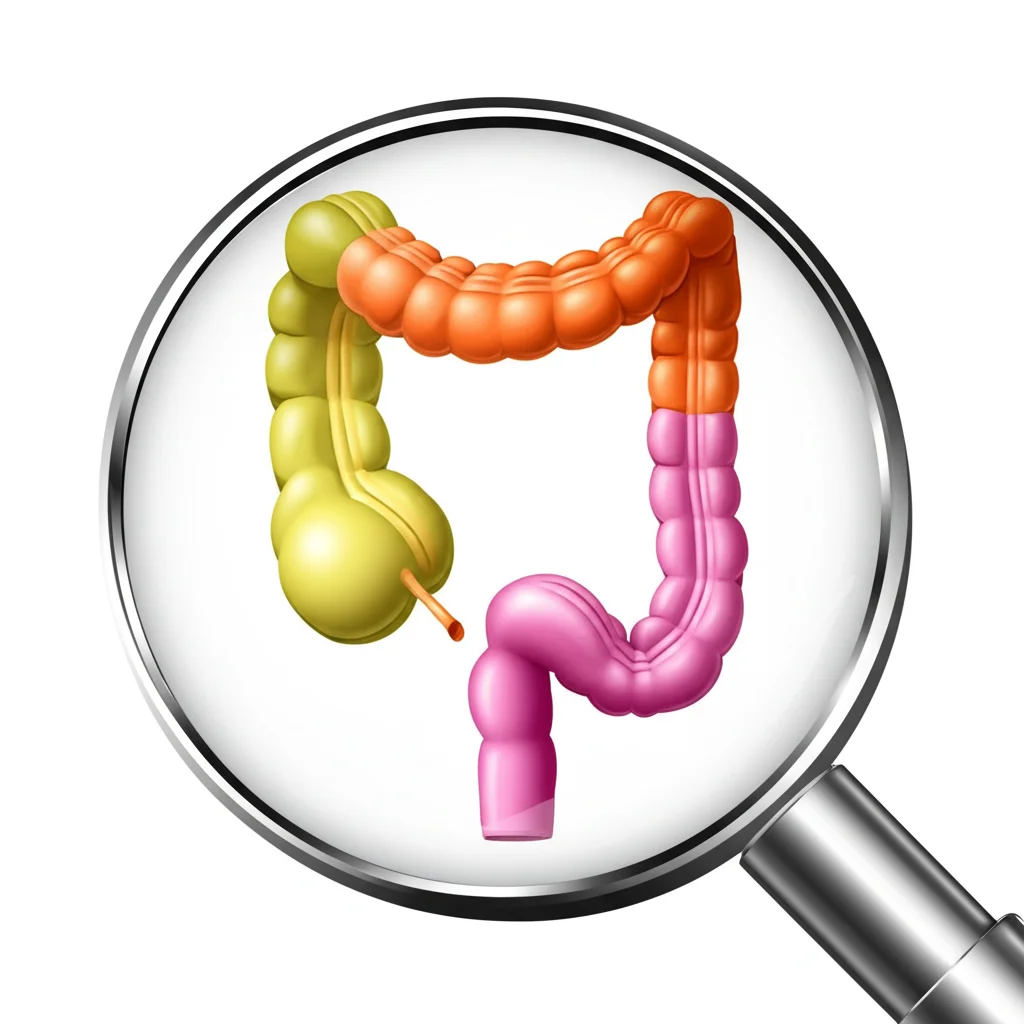 Immagine concettuale di un colon trasverso stilizzato con tre sezioni colorate diversamente (prossimale, media, distale) e una lente d'ingrandimento che ne esamina una, sfondo neutro da laboratorio, obiettivo macro 60mm, illuminazione precisa per dettagli.