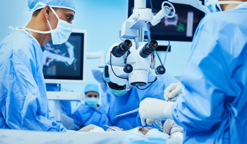 Immagine fotorealistica di una sala operatoria high-tech in India, un team chirurgico è impegnato in una complessa ricostruzione testa-collo con lembo libero. Focus sui dettagli degli strumenti microchirurgici e sul microscopio operatorio. Obiettivo macro, 100mm, illuminazione controllata e precisa, alta definizione dei dettagli.
