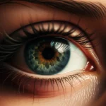 Photorealistic image of a close-up on a human eye, slightly blurred around the edges to suggest vision impairment, with a subtle glow or light ray entering the pupil, symbolizing potential treatment or hope, 35mm portrait lens, depth of field, controlled lighting.