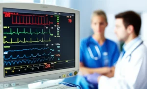 Primo piano di un monitor di terapia intensiva che mostra parametri vitali (ECG, SpO2, Pressione) e grafici, con un medico o infermiere che osserva attentamente sullo sfondo leggermente sfocato, profondità di campo, obiettivo 35mm, atmosfera clinica tesa ma professionale, luce ambientale soffusa.