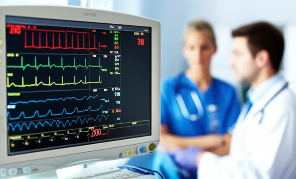 Primo piano di un monitor di terapia intensiva che mostra parametri vitali (ECG, SpO2, Pressione) e grafici, con un medico o infermiere che osserva attentamente sullo sfondo leggermente sfocato, profondità di campo, obiettivo 35mm, atmosfera clinica tesa ma professionale, luce ambientale soffusa.