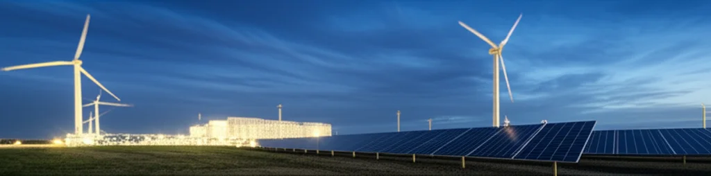 Un impianto futuristico per la produzione di idrogeno verde, con elettrolizzatori illuminati e turbine eoliche e pannelli solari visibili in lontananza sotto un cielo sereno. Landscape wide angle, 15mm, long exposure, smooth clouds, sharp focus, luce del tardo pomeriggio.